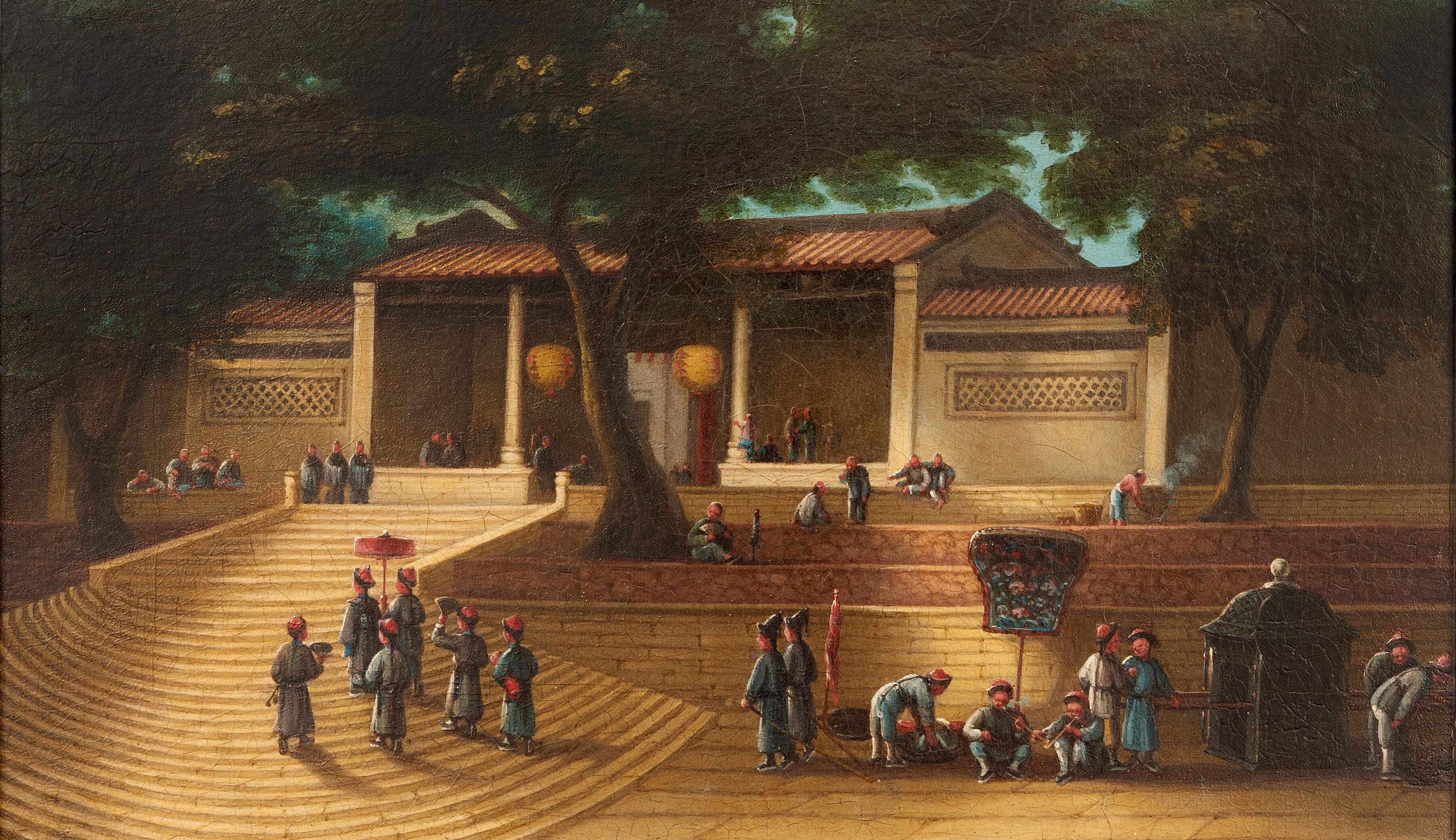 Artwork by Chinese School, 19th Century, Visit of a mandarin official to the Kun Iam Temple in Macau, Made of Oil on canvas, framed