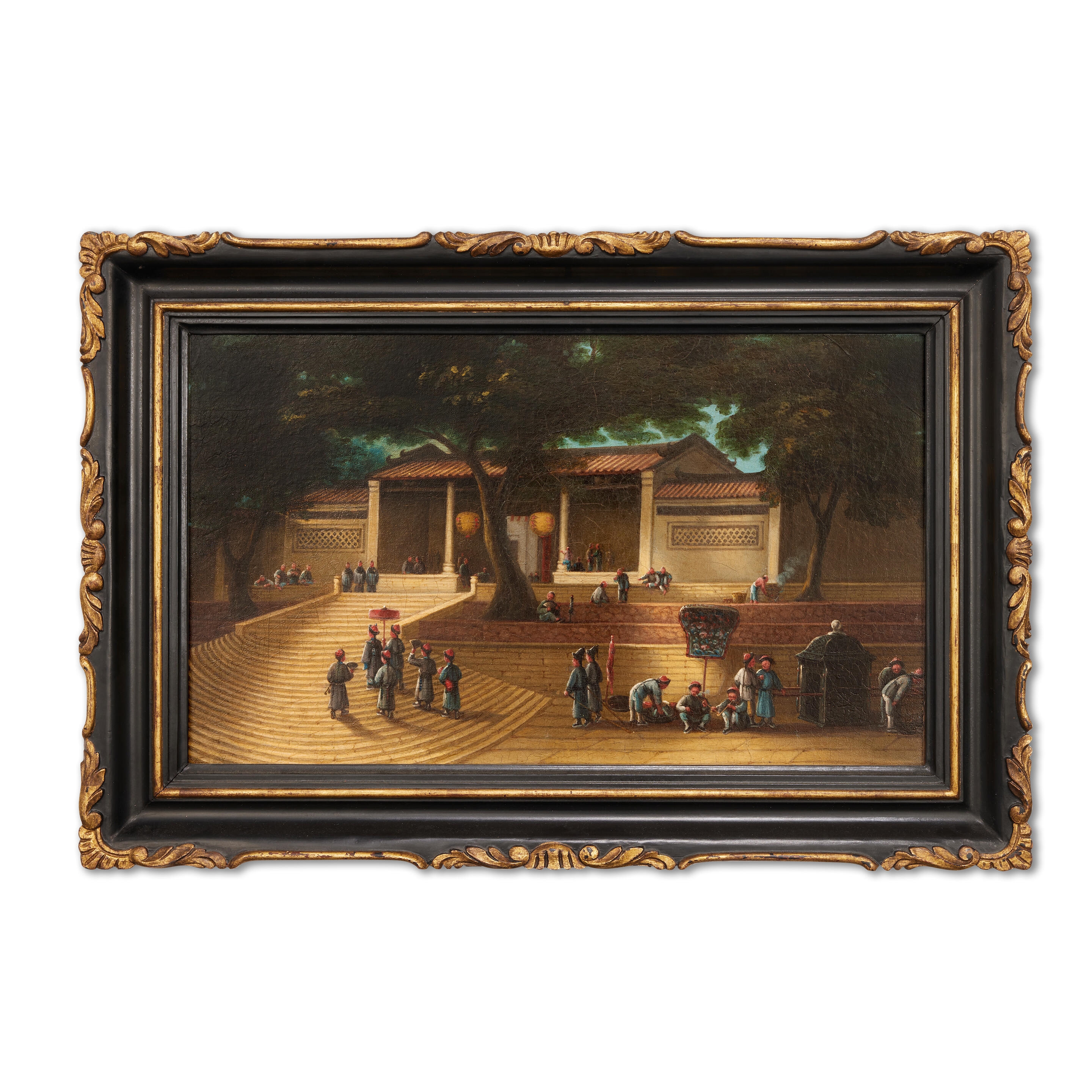 Artwork by Chinese School, 19th Century, Visit of a mandarin official to the Kun Iam Temple in Macau, Made of Oil on canvas, framed