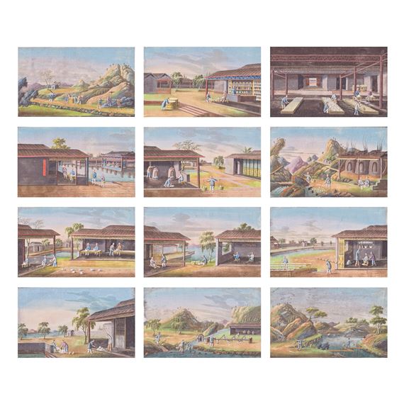 A set of twelve porcelain production paintings