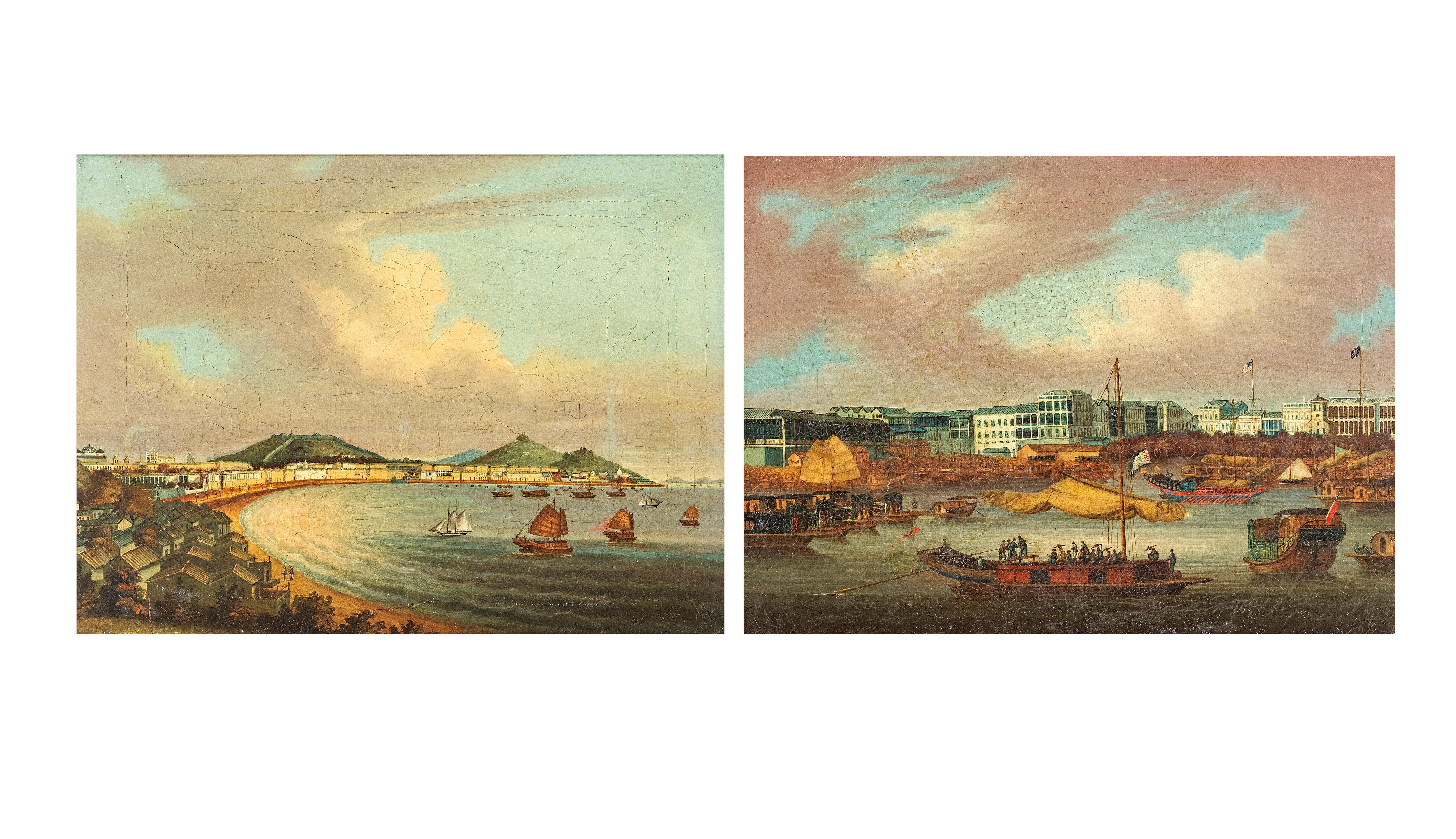 Artwork by Chinese School, 19th Century, A Pair of Paintings comprising: The Praya Grande, Macau and The Canton factories, Made of oil on canvas, carved gilt wood