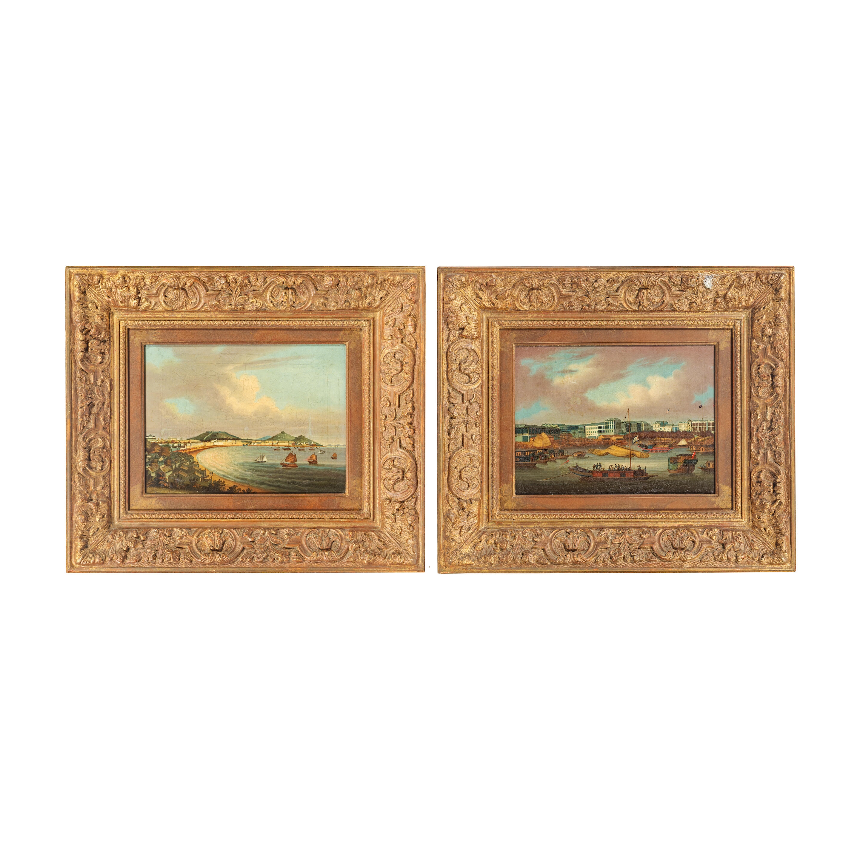 Artwork by Chinese School, 19th Century, A Pair of Paintings comprising: The Praya Grande, Macau and The Canton factories, Made of oil on canvas, carved gilt wood