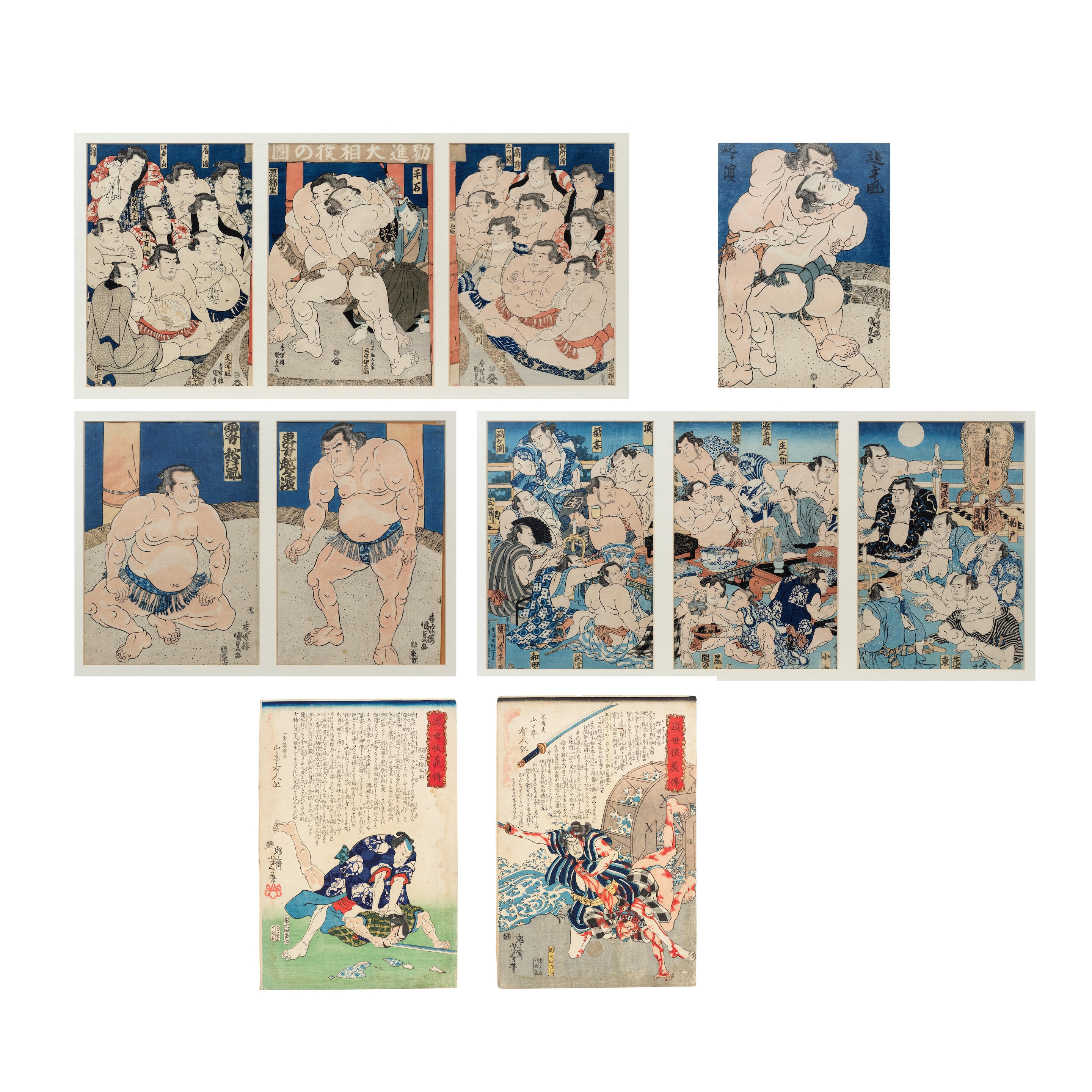 Utagawa Kunisada | Triptych of a sumo combat with the banner at the top ...