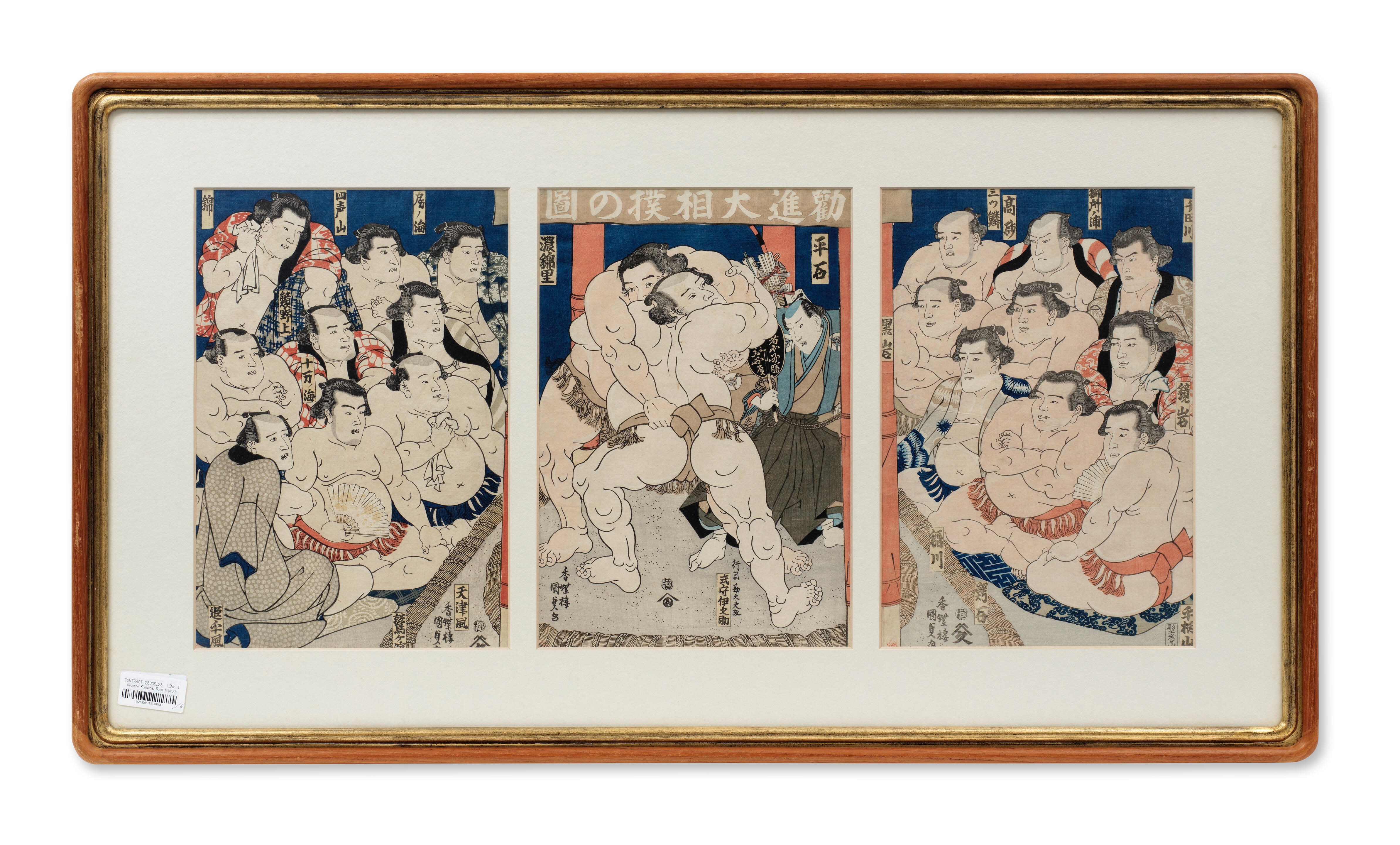 Utagawa Kunisada | Triptych of a sumo combat with the banner at the top ...