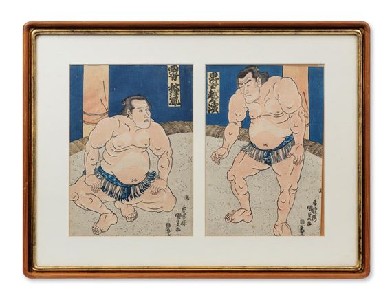 Utagawa Kunisada | Triptych of a sumo combat with the banner at the top ...