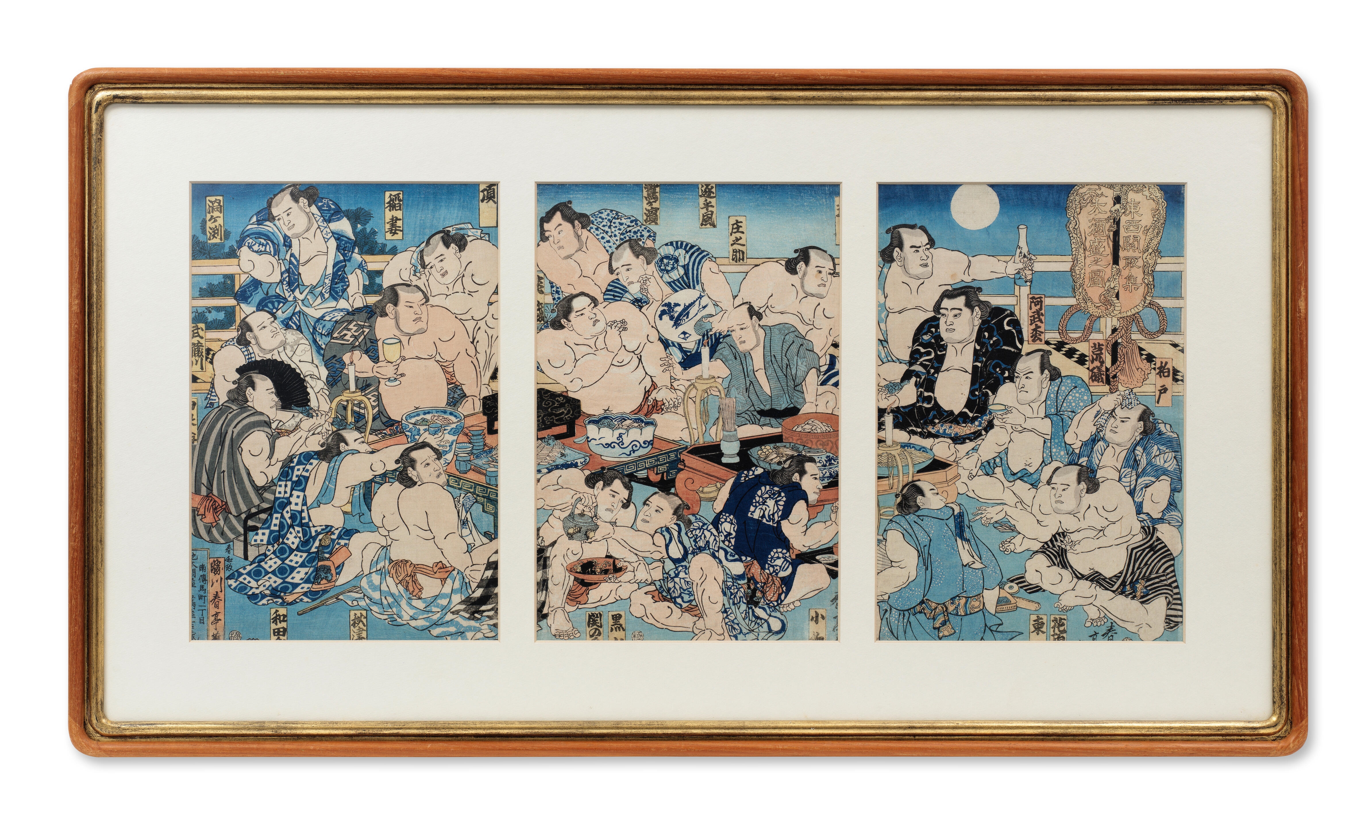 Utagawa Kunisada | Triptych of a sumo combat with the banner at the top ...