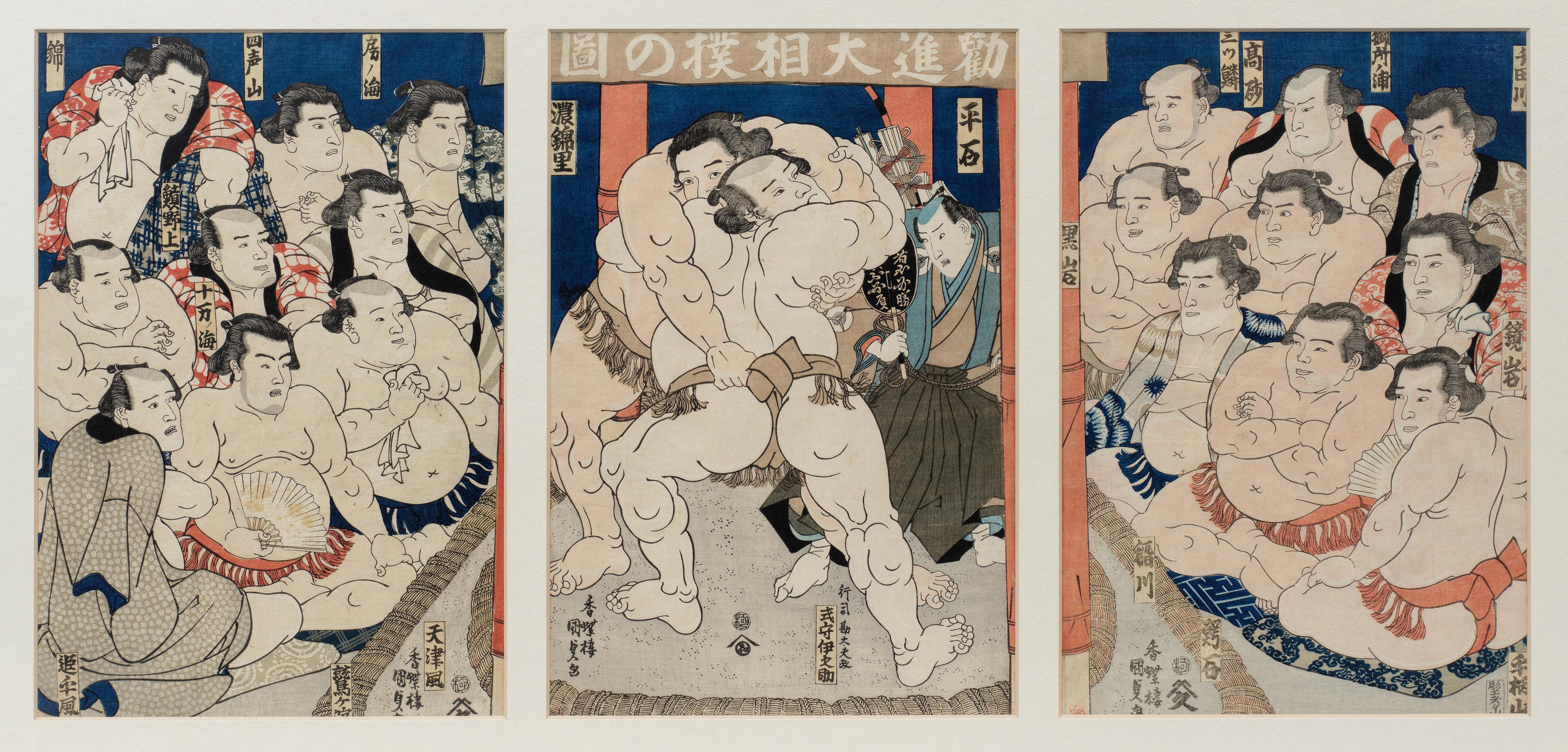Utagawa Kunisada | Triptych of a sumo combat with the banner at the top ...