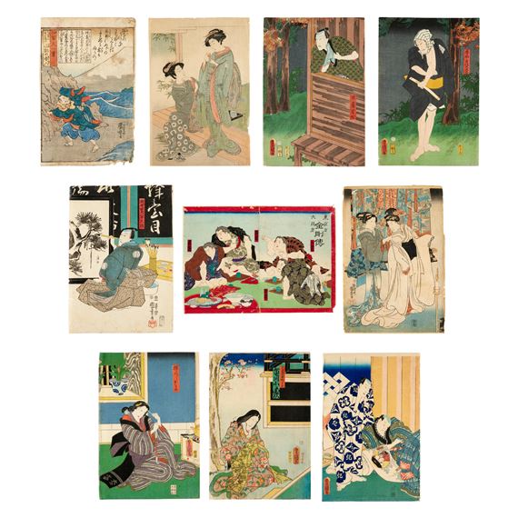 A figure at the seaside with Mount Fuji in the distance, possibly illustrating a poem; two ladies in a terraced garden; Katanaya Hanshichi; four wrestlers in a banquet- diptych; Yokogushi Otomi; two gentlemen examining a painting; a kabuki actress; an actor holding a weapon; two standing ladies trying on kimono; Kanō Motonobu - Isoda Koryusai