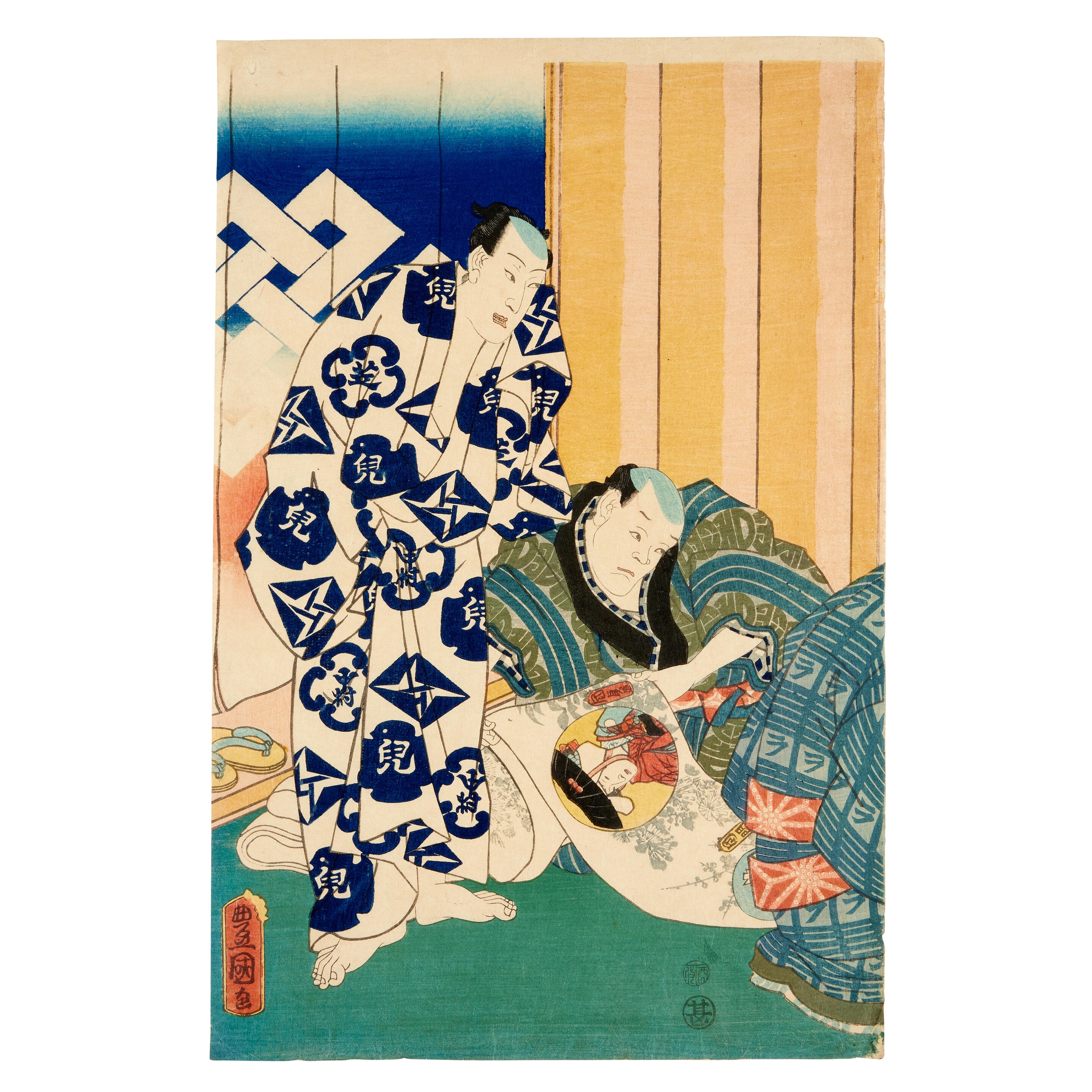 Artwork by Isoda Koryusai, Utagawa Kuniyoshi, Utagawa Toyokuni, A figure at the seaside with Mount Fuji in the distance, possibly illustrating a poem; two ladies in a terraced garden; Katanaya Hanshichi; four wrestlers in a banquet- diptych; Yokogushi Otomi; two gentlemen examining a painting; a kabuki actress; an actor holding a weapon; two standing ladies trying on kimono; Kanō Motonobu, Made of oban prints