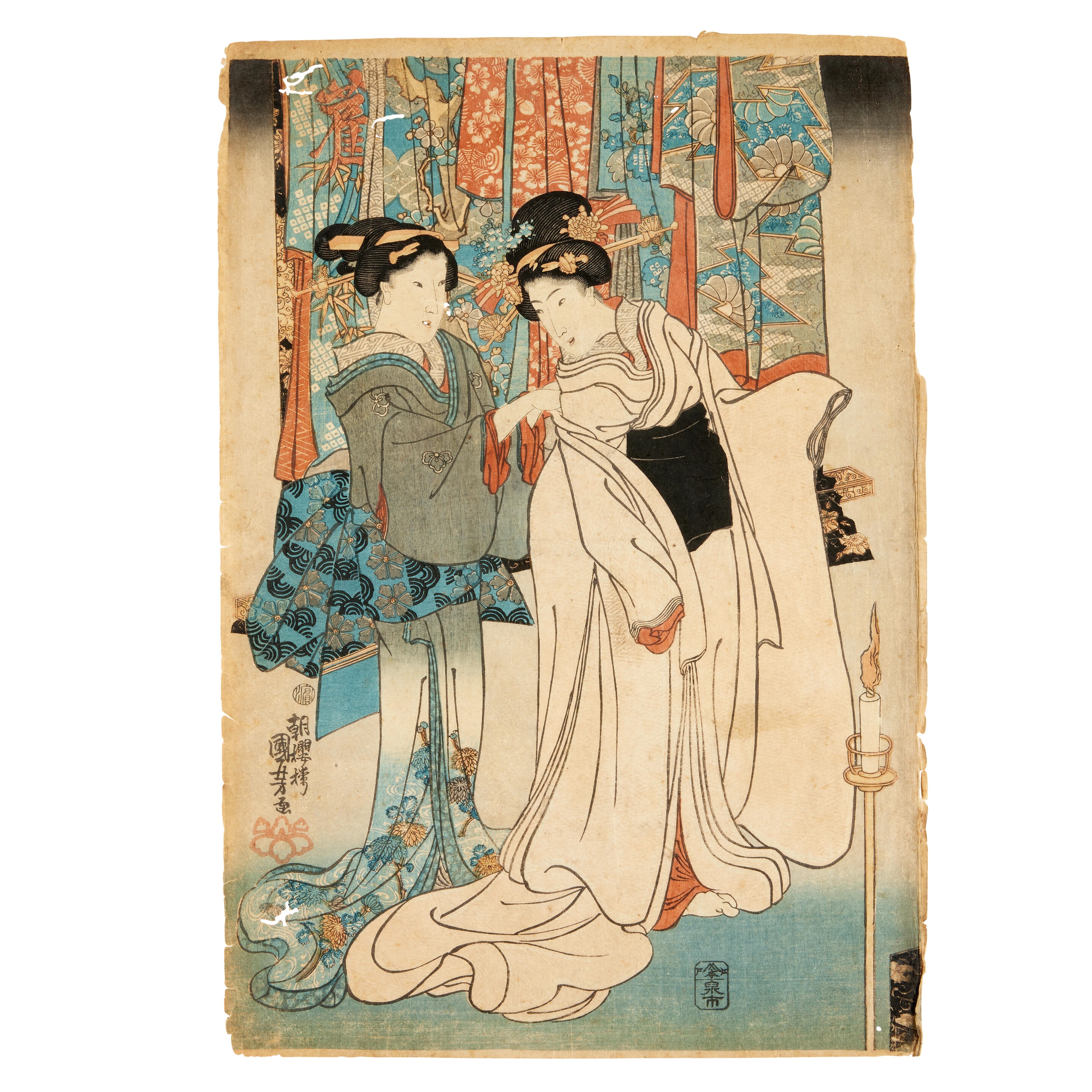 Artwork by Isoda Koryusai, Utagawa Kuniyoshi, Utagawa Toyokuni, A figure at the seaside with Mount Fuji in the distance, possibly illustrating a poem; two ladies in a terraced garden; Katanaya Hanshichi; four wrestlers in a banquet- diptych; Yokogushi Otomi; two gentlemen examining a painting; a kabuki actress; an actor holding a weapon; two standing ladies trying on kimono; Kanō Motonobu, Made of oban prints