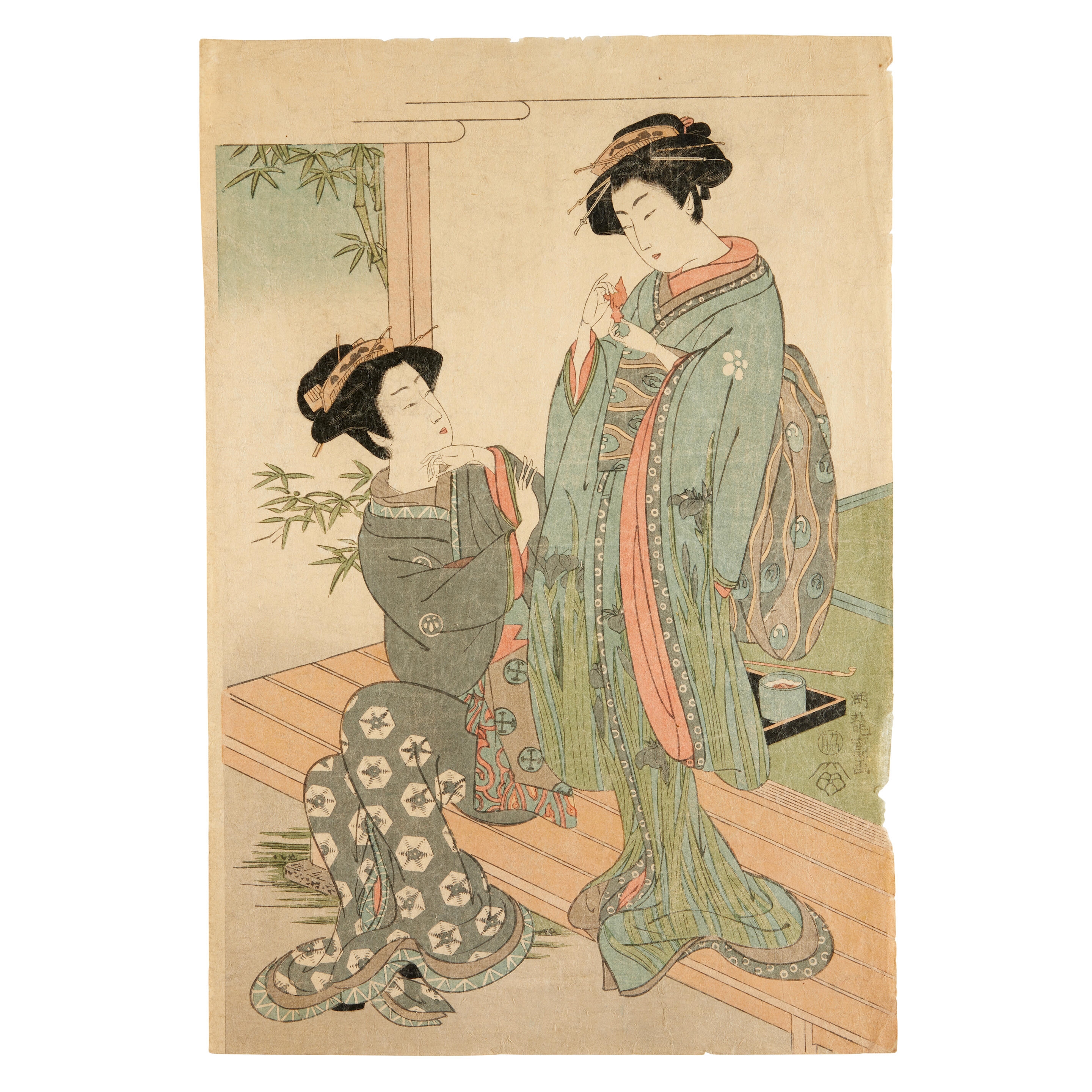 Artwork by Isoda Koryusai, Utagawa Kuniyoshi, Utagawa Toyokuni, A figure at the seaside with Mount Fuji in the distance, possibly illustrating a poem; two ladies in a terraced garden; Katanaya Hanshichi; four wrestlers in a banquet- diptych; Yokogushi Otomi; two gentlemen examining a painting; a kabuki actress; an actor holding a weapon; two standing ladies trying on kimono; Kanō Motonobu, Made of oban prints