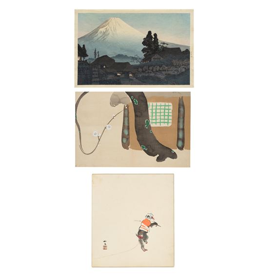 Fuji from Mizukubo; Pine, Plum, and Dwelling, page from a woodblock-printed book; Performing Monkey - Kamisaka Sekka