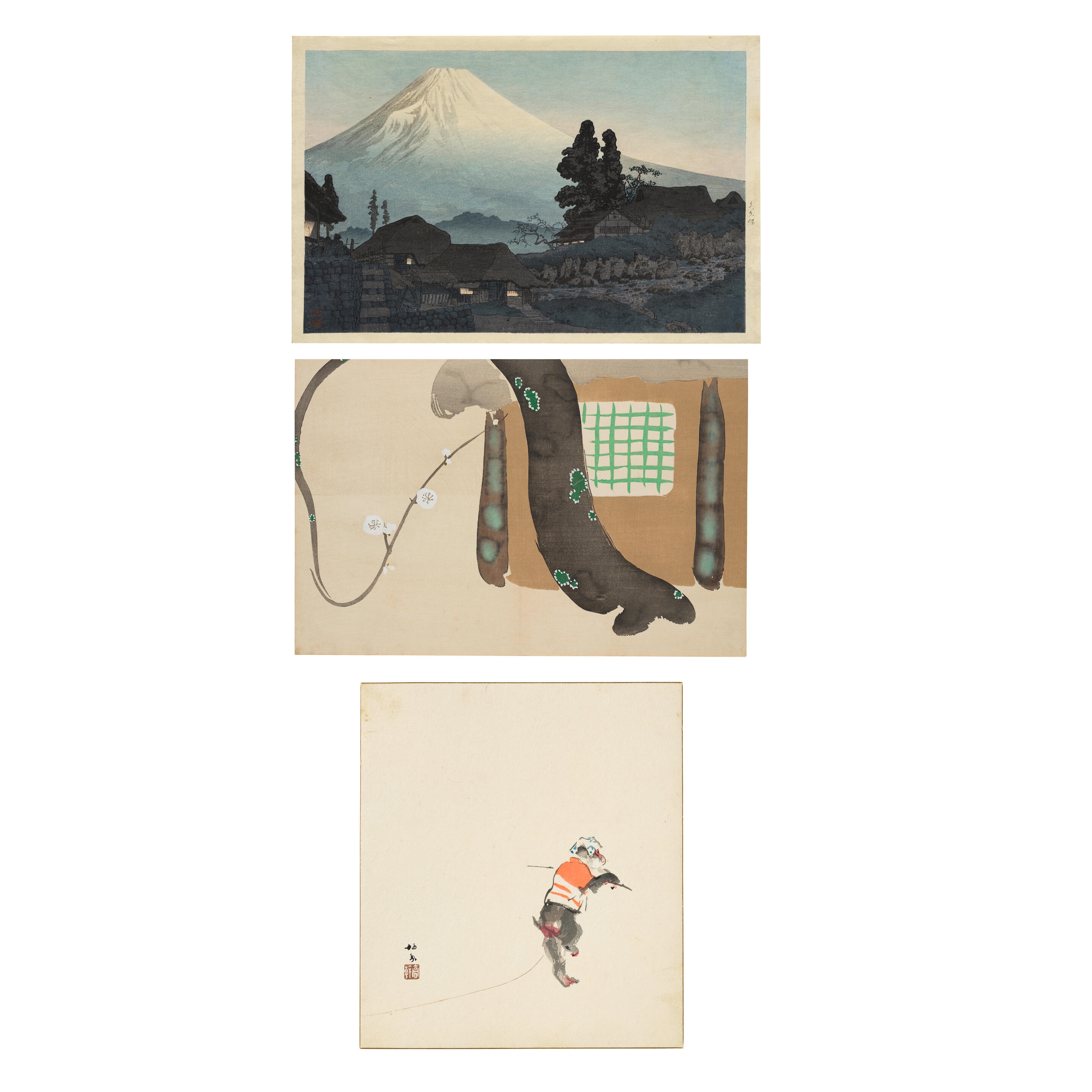 Artwork by Kamisaka Sekka, Seiho Takeuchi, Takahashi Shōtei, Fuji from Mizukubo; Pine, Plum, and Dwelling, page from a woodblock-printed book; Performing Monkey, Made of prints