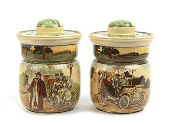Two scarce Royal Doulton Motoring Series Ware lidded pots - George Holdcroft