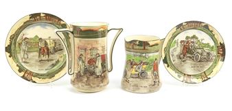 Royal Doulton Motoring Series Ware flower vase, a pitcher and two plates - George Holdcroft
