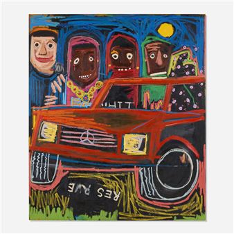 A vibrant, stylized painting of four figures inside a red car against a blue night sky.