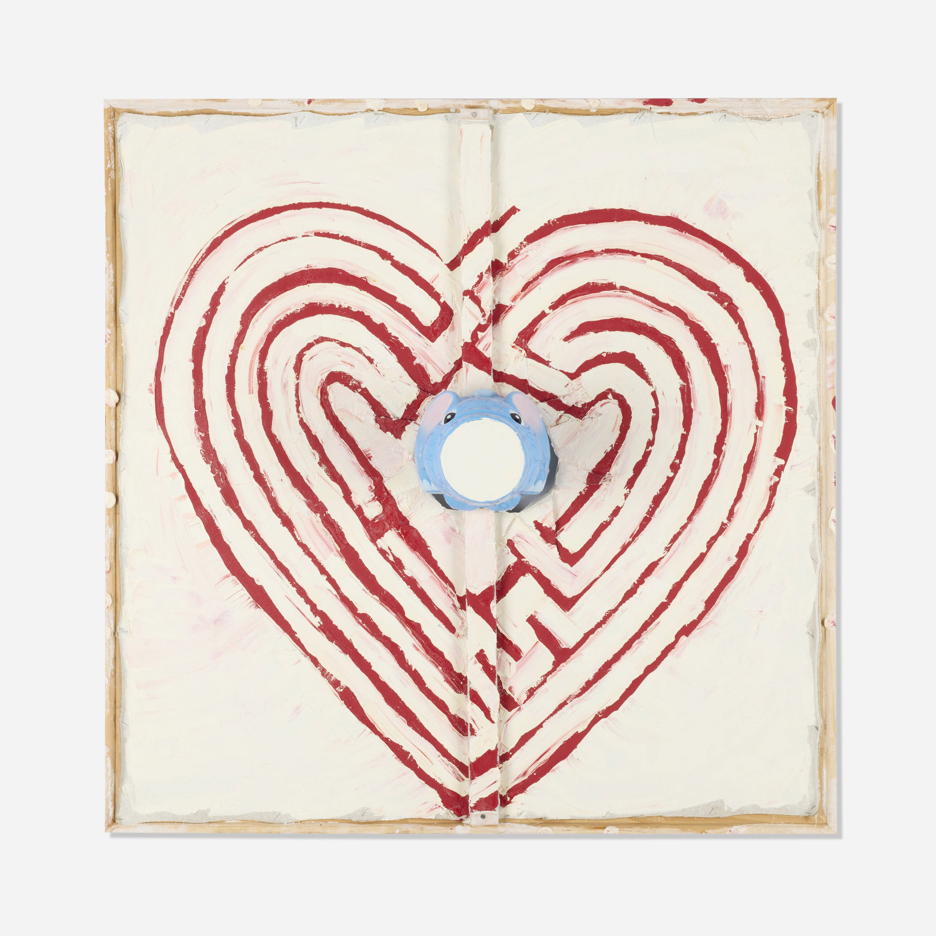 Artwork by Mike Cloud, Elephant on Heart Maze, Made of Oil On Linen With Plastic Child’S Toy And Stretcher Bars