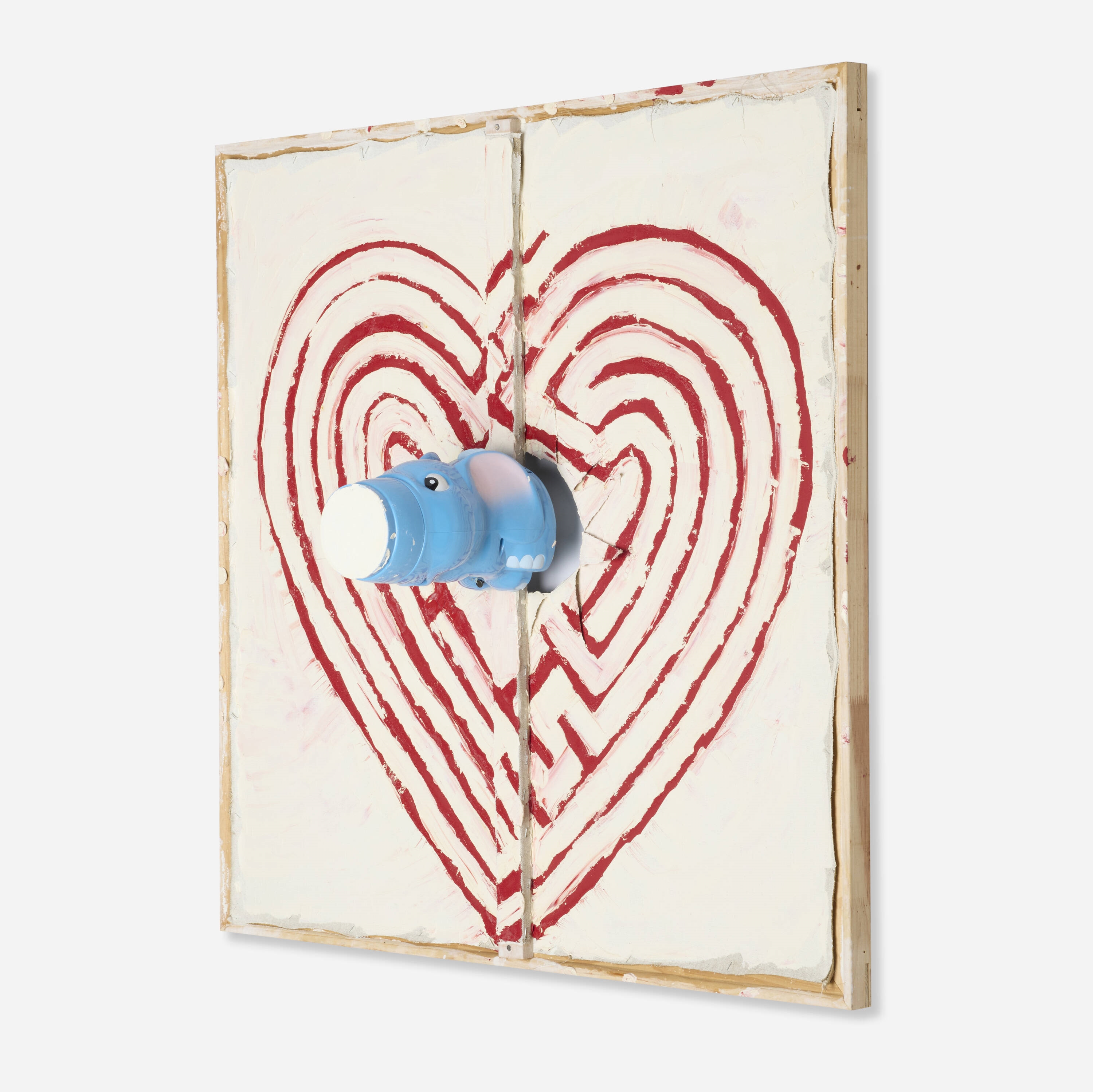 Artwork by Mike Cloud, Elephant on Heart Maze, Made of Oil On Linen With Plastic Child’S Toy And Stretcher Bars