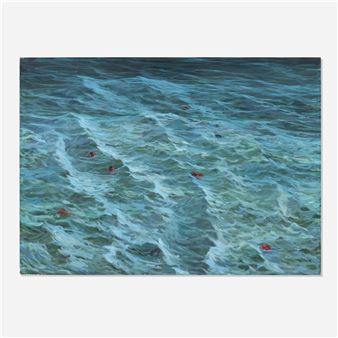A textured seascape painting featuring turbulent blue-green water with scattered red objects.