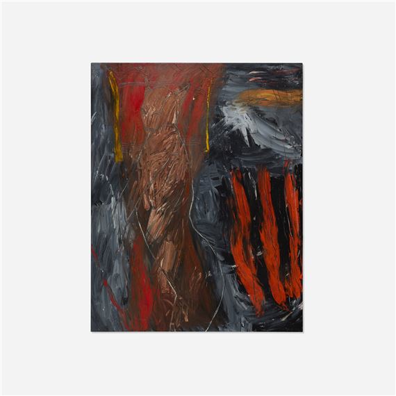 An abstract expressionist painting featuring bold, textured brushstrokes in red, black, and grey.