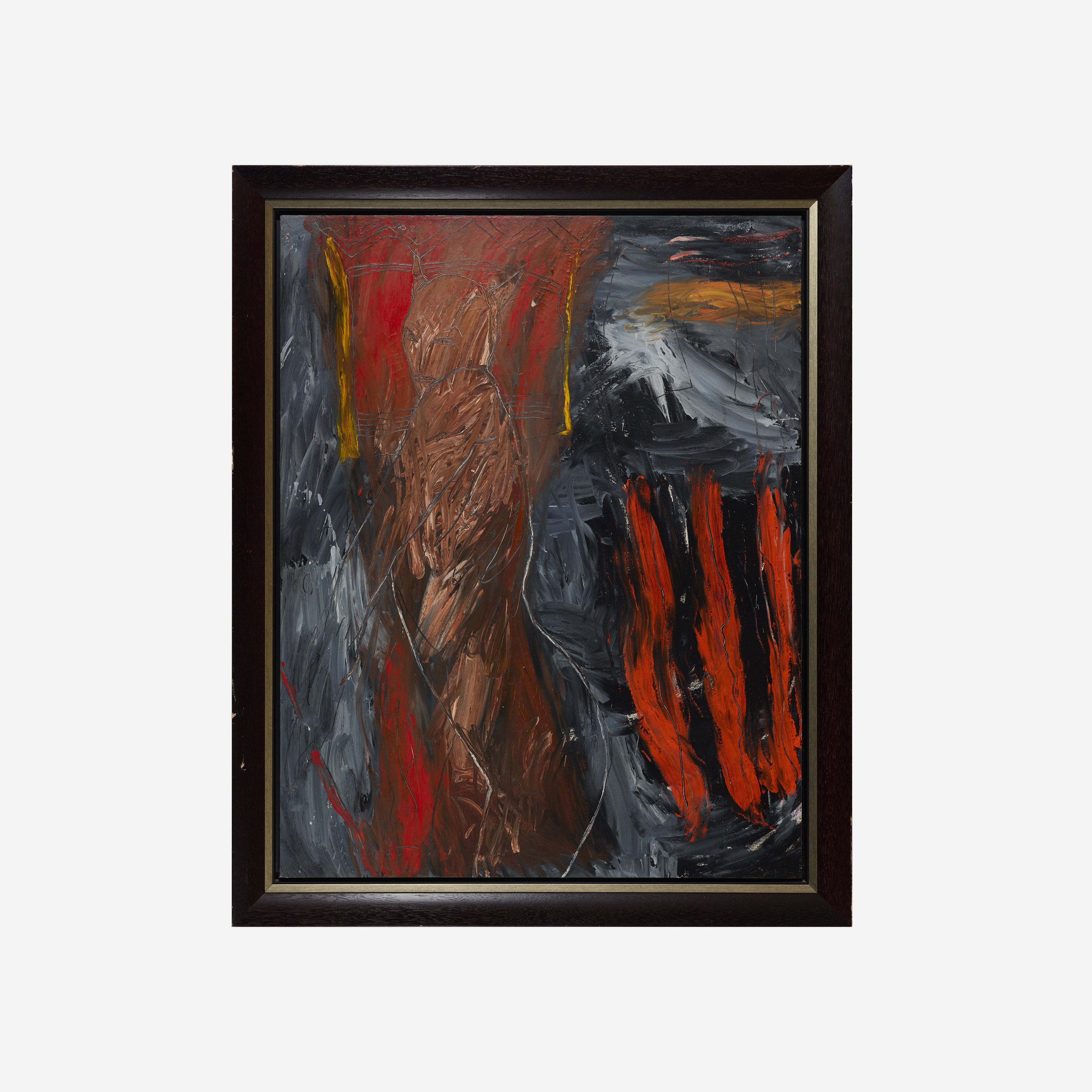 An abstract expressionist painting featuring bold, textured brushstrokes in red, black, and grey.