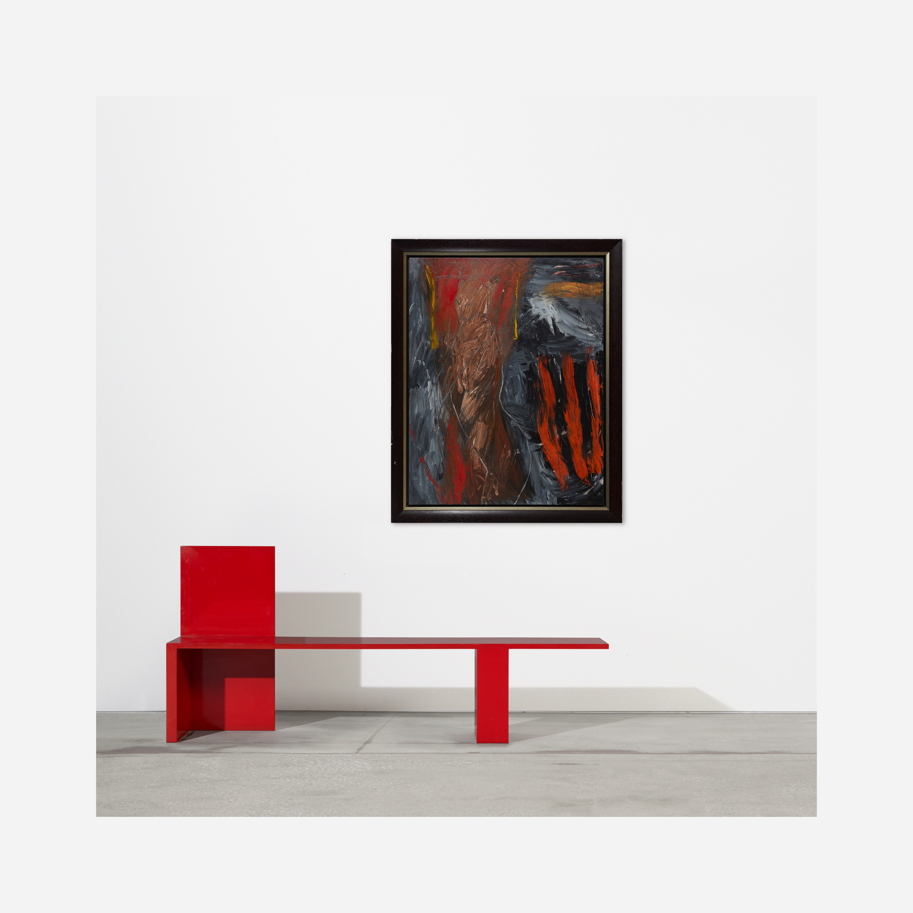 An abstract expressionist painting featuring bold, textured brushstrokes in red, black, and grey.