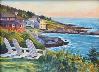 A coastal landscape painting featuring three white Adirondack chairs overlooking a rocky shoreline with colorful houses and the ocean.