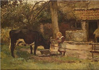 FARMYARD SCENE (GIRL AND DAIRY COW - Frans Oerder