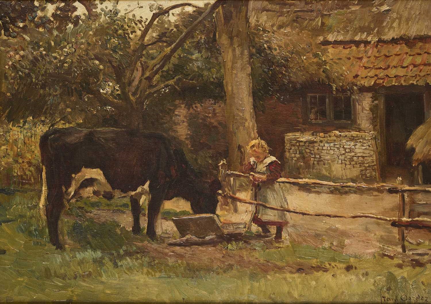 Artwork by Frans Oerder, FARMYARD SCENE (GIRL AND DAIRY COW, Made of Oil On Canvas