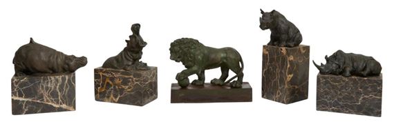 Four Bronze Animals on Marble Bases, together with a Cast Iron Lion on Plinth - Miguel Fernando López (Milo)