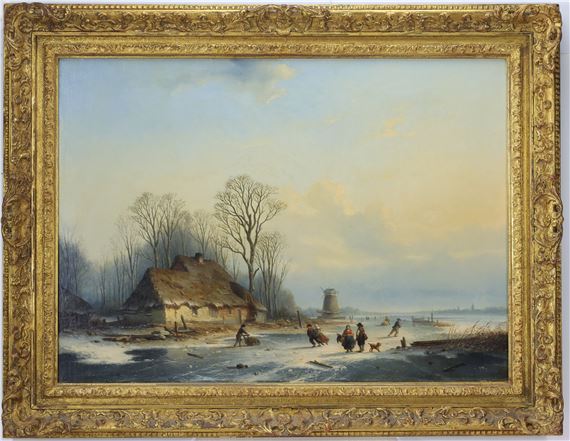 Realist winter landscape with figures skating on a frozen river, cottages, and windmill in the distance - Louis Smets