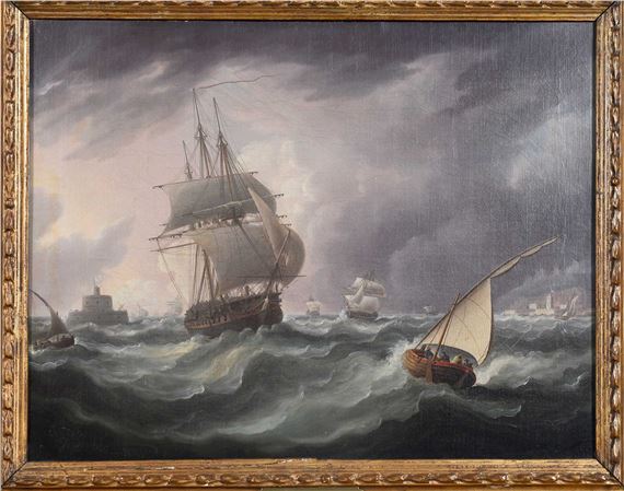 Artwork by Thomas Buttersworth, British Frigates Near the Bugio Lighthouse, Made of Oil On Canvas