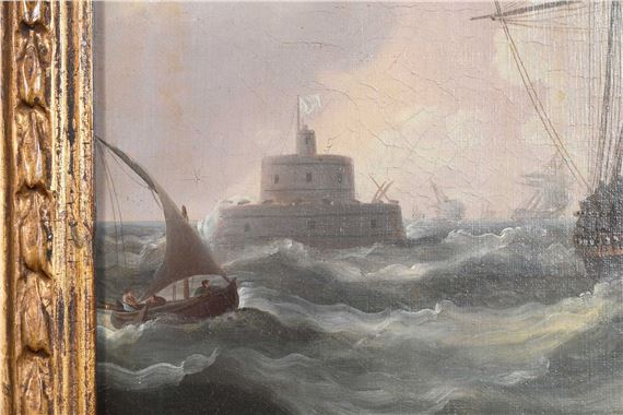 Artwork by Thomas Buttersworth, British Frigates Near the Bugio Lighthouse, Made of Oil On Canvas