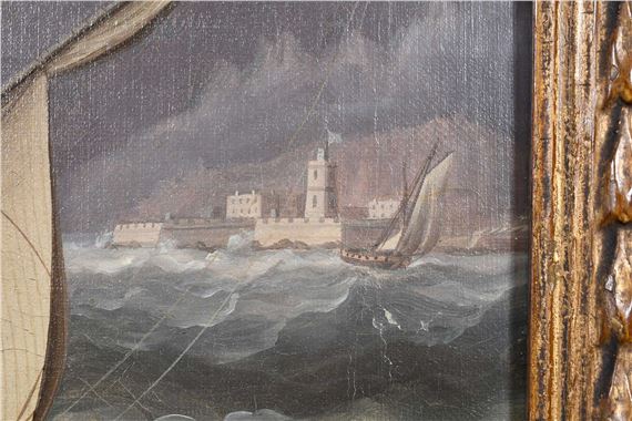 Artwork by Thomas Buttersworth, British Frigates Near the Bugio Lighthouse, Made of Oil On Canvas