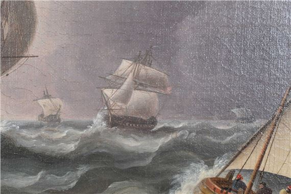 Artwork by Thomas Buttersworth, British Frigates Near the Bugio Lighthouse, Made of Oil On Canvas