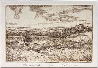 A detailed etching of a rural landscape featuring a winding road, a lake, and distant hills under a cloudy sky.