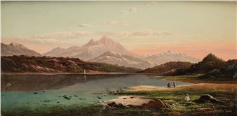 Passenger with lake and mountains at sunset