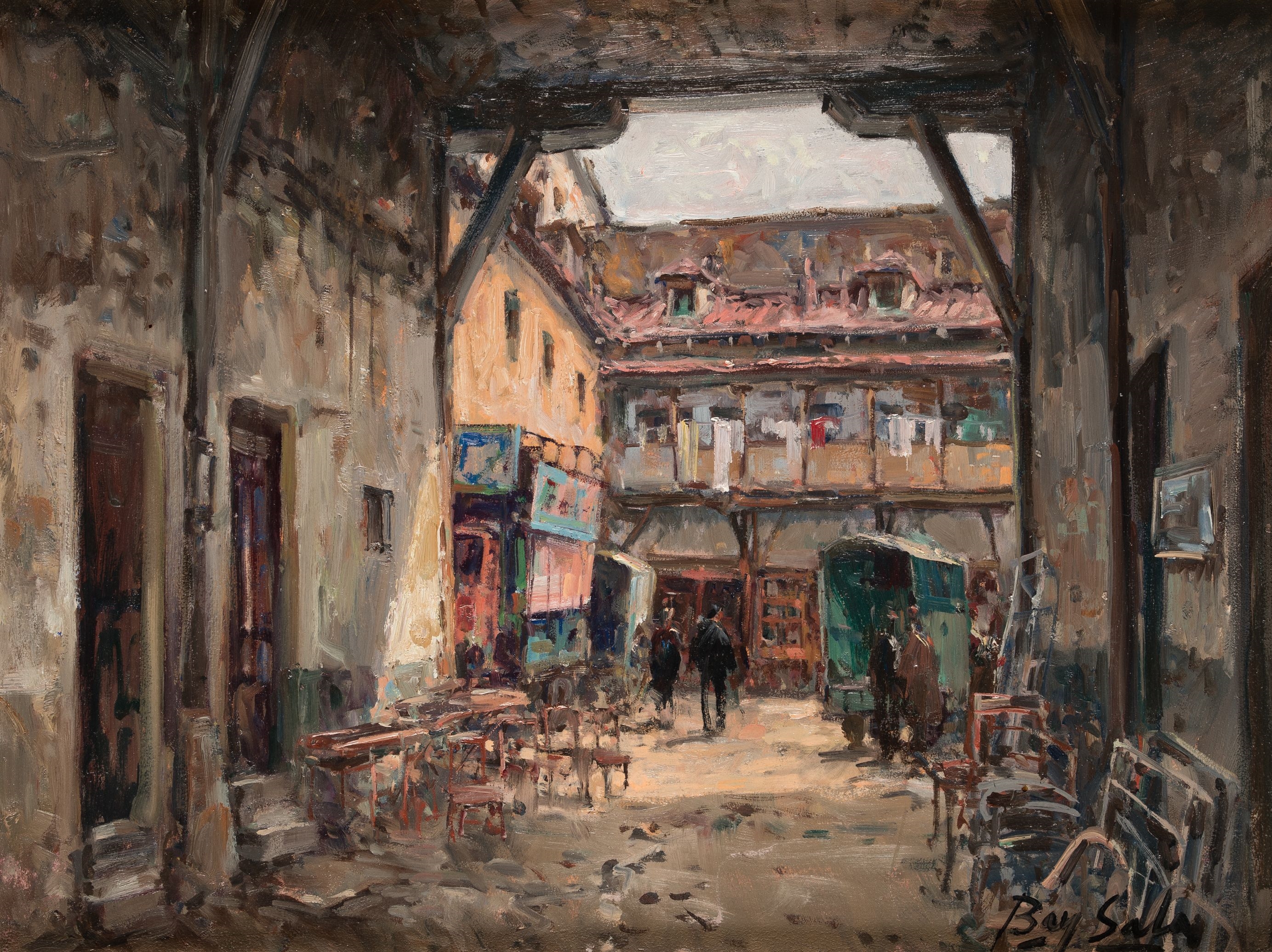 Artwork by Juan Bayón Salado, A courtyard in the Rastro, Madrid, Made of Oil On Board