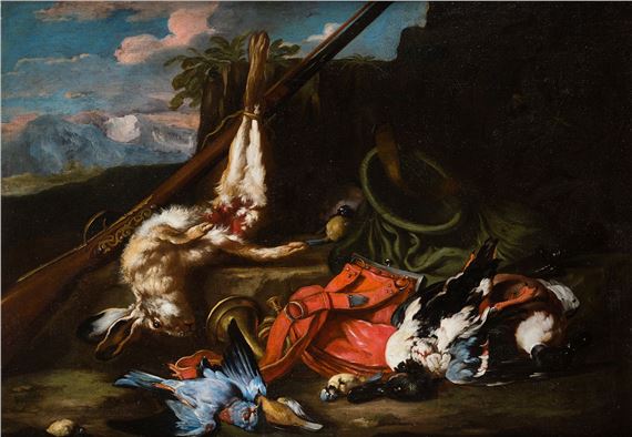 Hunting still life in a landscape - German School, 18th Century