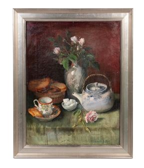 Tabletop Still Life with Blue & White Tea Pot and White Roses - Elizabeth Vaughan