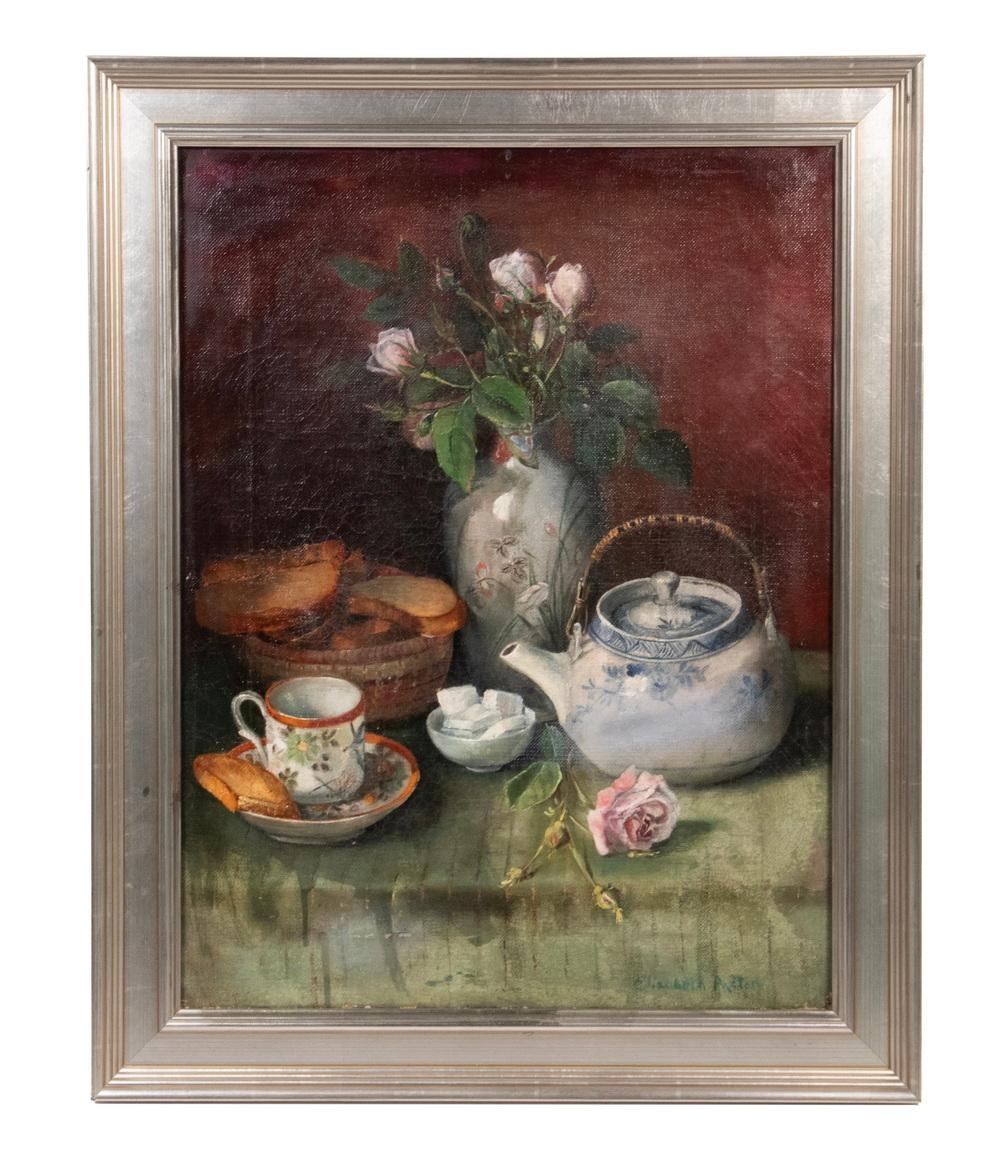 Artwork by Elizabeth Vaughan, Tabletop Still Life with Blue & White Tea Pot and White Roses, Made of Oil On Canvas