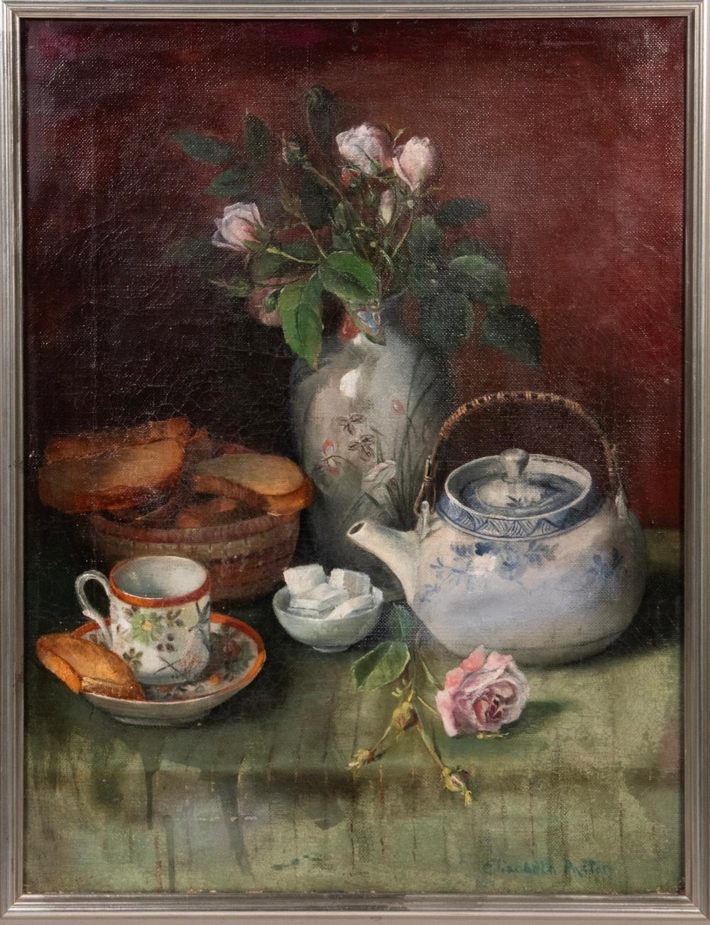 Artwork by Elizabeth Vaughan, Tabletop Still Life with Blue & White Tea Pot and White Roses, Made of Oil On Canvas