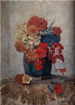 Stilleven met boeket Afrikanen en Indische kers op tafelkleed - Frans Oerder