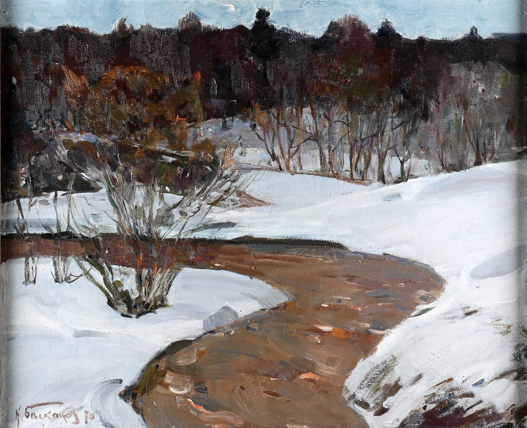 Artwork by Nikolai Nikolaevich Baskakov, Snowlandscape 1978, Made of olieverf op doek