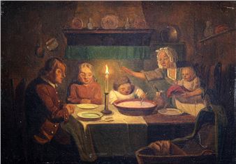 Interieur bij kaarslicht met personen aan tafel - Pieter Geerard Sjamaar