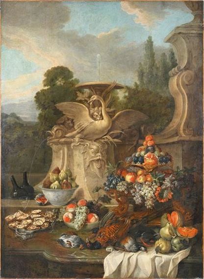 Still life with baskets of fruit, game and oysters and oysters by a Rocaille fountain - Alexandre-François Desportes