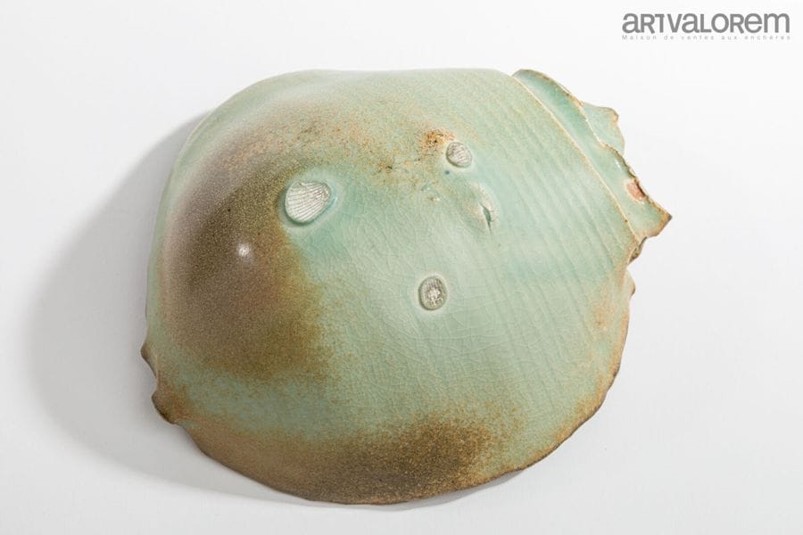 Artwork by Claude Champy, Conquoidal bowl in celadon and brown glazed porcelain stoneware, Made of Porcelain