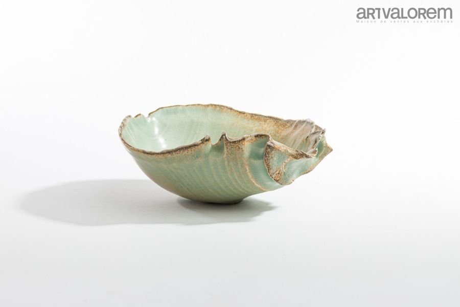 Artwork by Claude Champy, Conquoidal bowl in celadon and brown glazed porcelain stoneware, Made of Porcelain