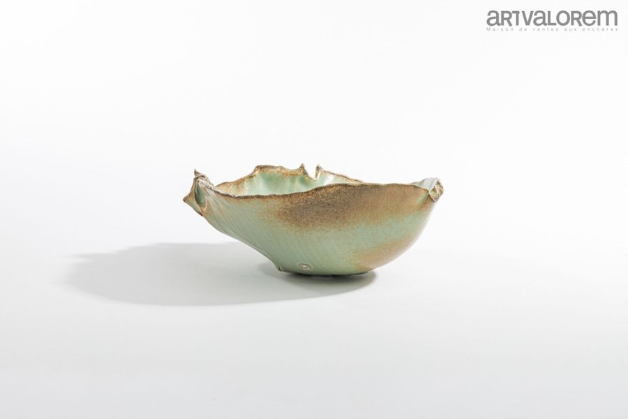 Artwork by Claude Champy, Conquoidal bowl in celadon and brown glazed porcelain stoneware, Made of Porcelain