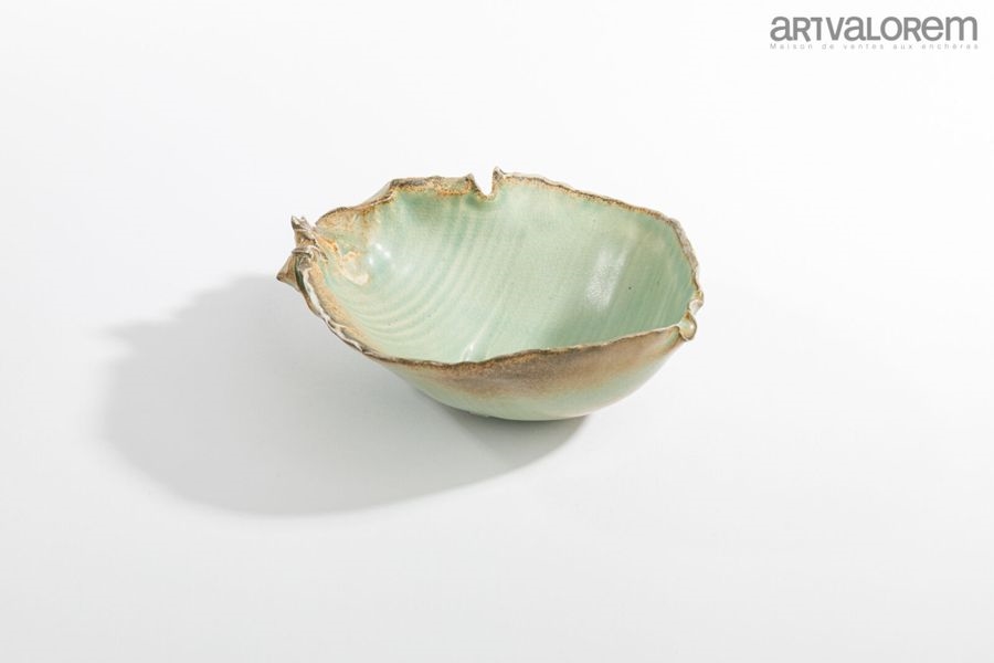 Artwork by Claude Champy, Conquoidal bowl in celadon and brown glazed porcelain stoneware, Made of Porcelain