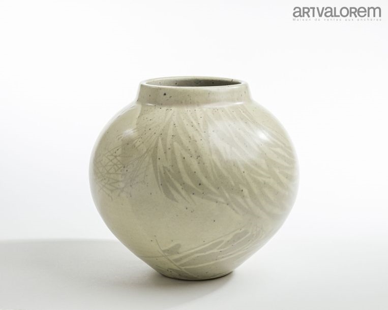 Artwork by Robert Deblander, Small-necked porcelain stoneware ball vase with celadon glaze and abstract design, Made of Porcelain Stoneware